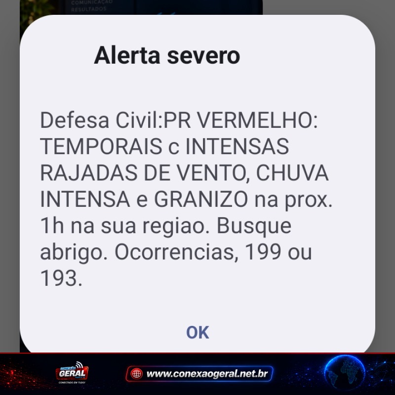 Defesa Civil emite alerta vermelho para Araucária e região: temporais podem chegar com granizo e rajadas intensas